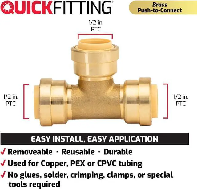 Alt view image 2 of 7 - 1/2 inch Push On Tee Connector | Patented Design for Superior Sealing | Push to Connect Brass Plumbing Pipe Fitting | for Copper, PEX and CPVC | 5-Pack Tees