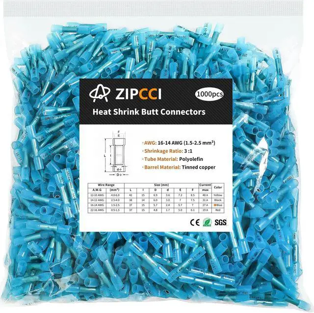 Main image of 1000Pcs 16-14 AWG Blue Heat Shrink Butt Connectors, Marine Grade Insulated Splice Electrical Connectors, Waterproof Wire Connectors Terminals for Marine Crimp, Boat, Cable, Automotive