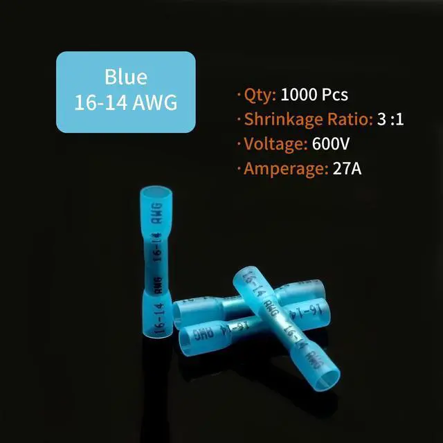 Alt view image 4 of 7 - 1000Pcs 16-14 AWG Blue Heat Shrink Butt Connectors, Marine Grade Insulated Splice Electrical Connectors, Waterproof Wire Connectors Terminals for Marine Crimp, Boat, Cable, Automotive