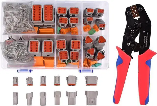 Main image of 174Pcs 12 Kits DT Connector Kit With Ratcheting Wire Crimper for Deutsch Connector, 2 3 4 6 8 12 Pin Connectors Automotive Electrical Connectors With Size 16 Stamped Contacts IP68 Waterproof