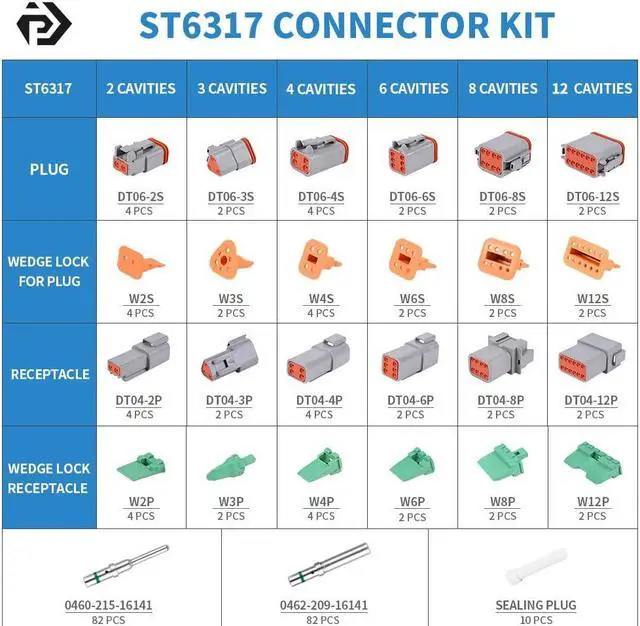 Alt view image 2 of 7 - 238PCS DT Connector Waterproofing, 2 3 4 6 8 12 Pin Deutsch DT Connector Kit with 82Pairs Size 16 Solid Contacts for Automotive Repair, Marine Waterproof Electrical Connector (ST6317)
