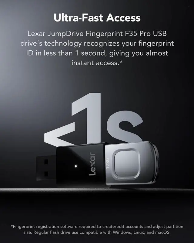 Alt view image 5 of 7 - 128GB JumpDrive Fingerprint F35 PRO USB 3.2 Gen 1 Flash Drive, Up to 400/300 MB/s Read/Write, Storage Expansion and Backup, 256-bit AES & Fingerprint Encryption (LJDF35P128G-RNBNG)