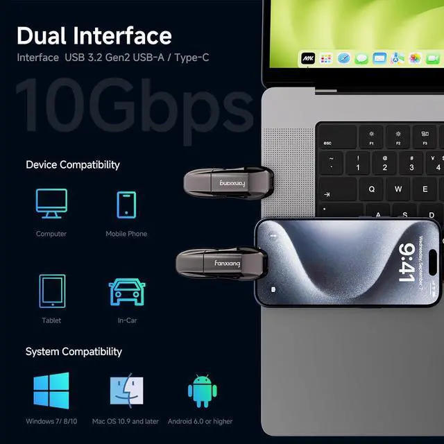 Alt view image 3 of 7 - Flash Drive 512GB USB 3.2 Gen2 Up to 1050MB/s USB Drive USB A + Type C External Portable SSD for iPhone 15/Pro/Android Phone/Windows/MacPC/Laptops FF952