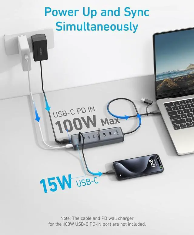 Alt view image 4 of 6 - USB-C Hub, 8-in-1 5Gbps Data Hub, USB Splitter, with 3 USB-A and 4 USB-C Ports, 100W USB-C PD-in, 2-in-1 USB Connector, for USB-A and USB-C Laptop, MacBook, iPad and More (45W Adapter Included)