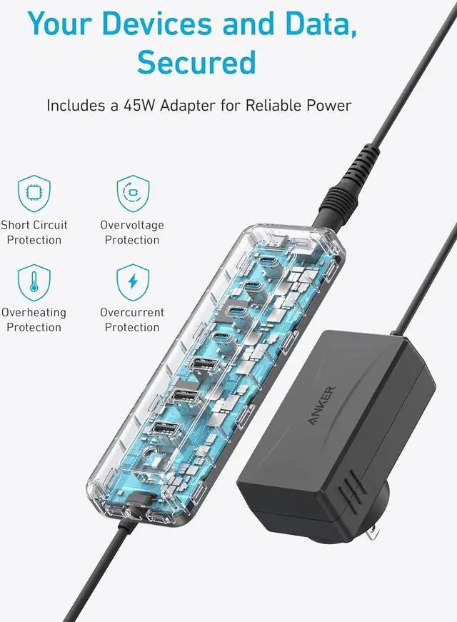 Alt view image 6 of 6 - USB-C Hub, 8-in-1 5Gbps Data Hub, USB Splitter, with 3 USB-A and 4 USB-C Ports, 100W USB-C PD-in, 2-in-1 USB Connector, for USB-A and USB-C Laptop, MacBook, iPad and More (45W Adapter Included)