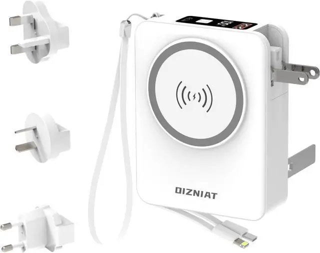 Main image of 10000mAh Power Bank with Built in USB C & Lightning Cables, International Travel Pro - 5 in 1 Wireless Portable Charger, Wall Plug Power Bank Compatible iPhone 15 14 Samsung S22 Google iPad