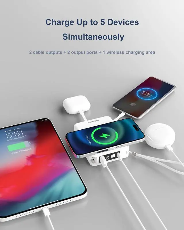 Alt view image 2 of 7 - 10000mAh Power Bank with Built in USB C & Lightning Cables, International Travel Pro - 5 in 1 Wireless Portable Charger, Wall Plug Power Bank Compatible iPhone 15 14 Samsung S22 Google iPad