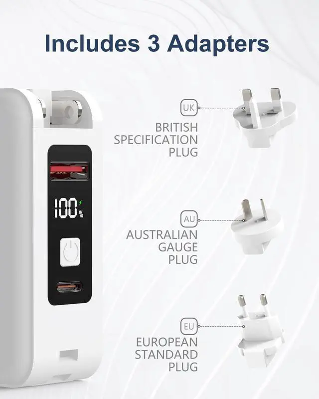 Alt view image 3 of 7 - 10000mAh Power Bank with Built in USB C & Lightning Cables, International Travel Pro - 5 in 1 Wireless Portable Charger, Wall Plug Power Bank Compatible iPhone 15 14 Samsung S22 Google iPad