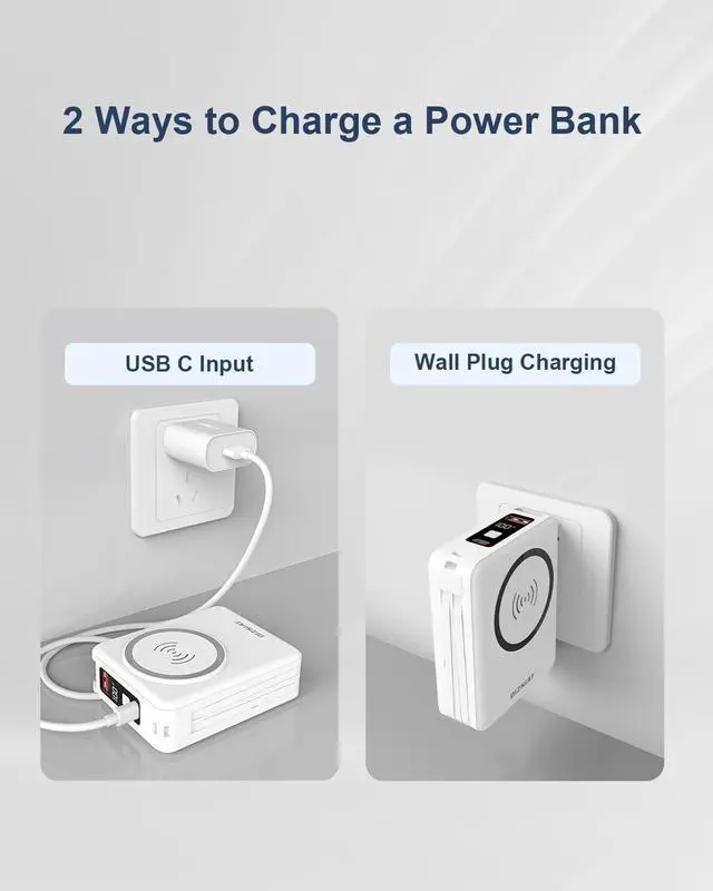 Alt view image 4 of 7 - 10000mAh Power Bank with Built in USB C & Lightning Cables, International Travel Pro - 5 in 1 Wireless Portable Charger, Wall Plug Power Bank Compatible iPhone 15 14 Samsung S22 Google iPad