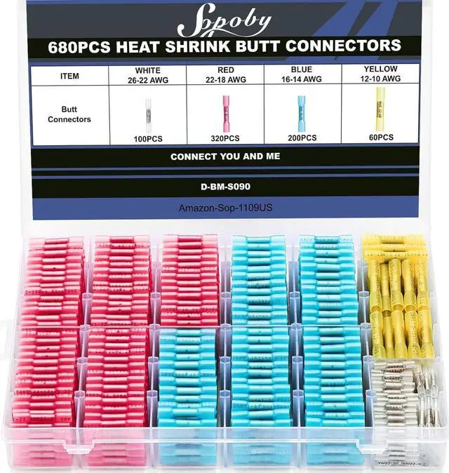 Main image of 680PCS Heat Shrink Butt Connectors, Sopoby Marine Grade Electrical Wire Connectors Kit, Tinned Red Copper Insulated Waterproof Crimp Terminals Butt Splice for Cable,Boat,Wiring