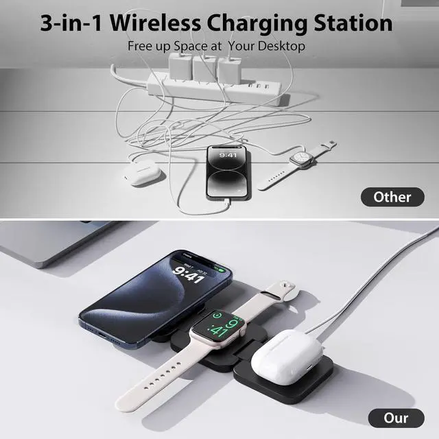 Alt view image 4 of 7 - Fast Wireless Charger Magnetic Foldable 3 in 1 Charging Station for iPhone 16/15/14/13/12/Pro/Plus/Pro Max 5W Portable Charger for  Watch10/9/8/7/6/5/4/3/SE for Airpods3/2/Pro-Black