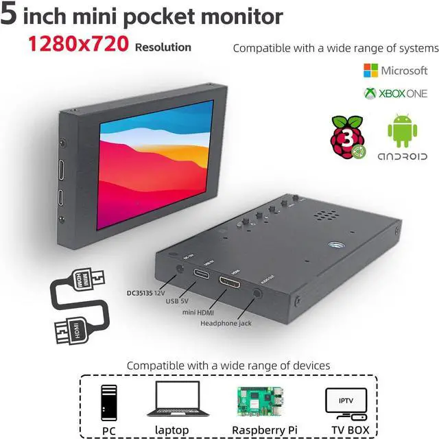Alt view image 2 of 7 - 5 inch IPS Small Hdmi Monitor 1280 * 720 Mini LCD Screen Portable Display Monitor