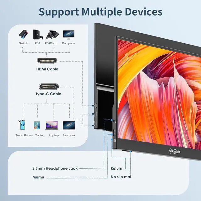 Alt view image 4 of 7 - Portable Monitor for Laptop 15.6inch, Laptop Monitor Extender 1080P FHD USB C Plug&Play, HDMI HDR IPS Gaming Monitor, External Monitor for Laptop PC Mac Phone PS4 Xbox Switch