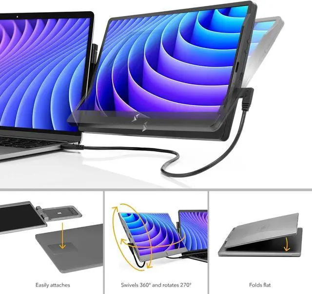 Alt view image 3 of 7 - Portable Monitor Extender, FHD TFT Laptop Dual Screen with Kickstand + Unique Swivel Hinge, Compatible with Mac, PC, Chrome, Powered by USB/Mini HDMI Port (Black)