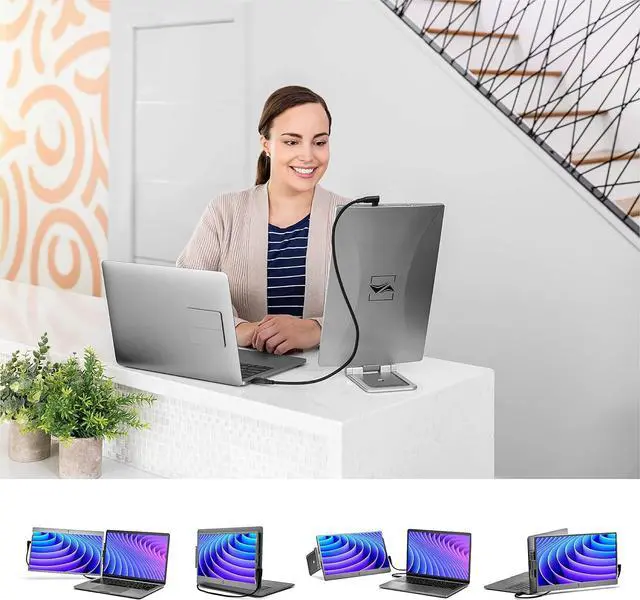 Alt view image 5 of 7 - Portable Monitor Extender, FHD TFT Laptop Dual Screen with Kickstand + Unique Swivel Hinge, Compatible with Mac, PC, Chrome, Powered by USB/Mini HDMI Port (Black)