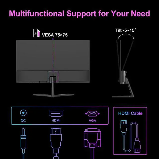 Alt view image 7 of 7 - 24 Inch 100Hz FHD Monitor, IPS Computer Monitor HDMI VGA Ports, Eye Care Monitor with VESA Mount Tilt Adjustable for Home Office (ES-24X3AL-NEW HDMI Cable Included)