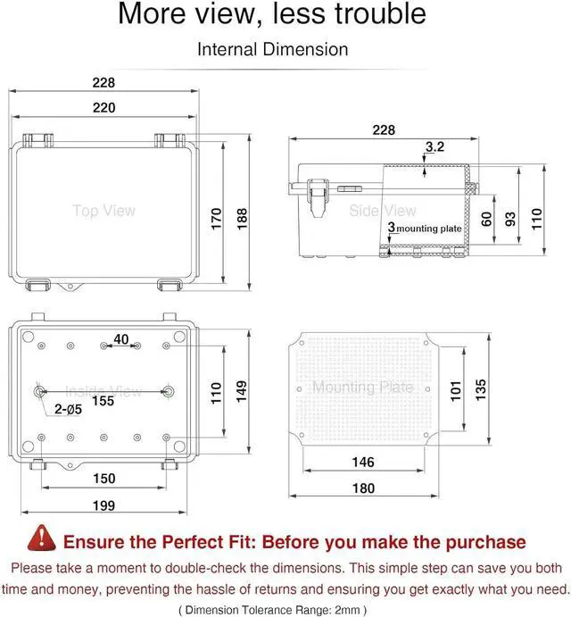 Alt view image 6 of 7 - Hinged Cover Stainless Steel Latch 410x310x180mm Junction Box with Mounting Plate, Universal IP67 Project Box Waterproof DIY Electrical Enclosure, ABS Plastic Grey (16.1"x12.2"x7.1")