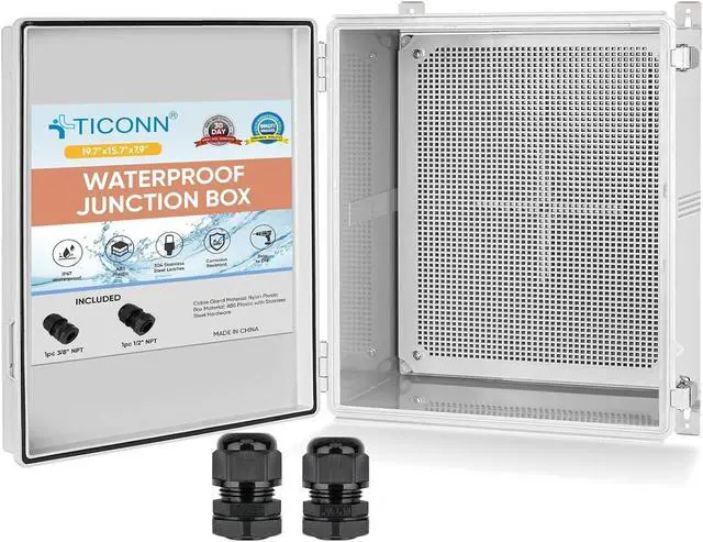 Main image of Waterproof Electrical Junction Box IP67 ABS Plastic Enclosure with Hinged Cover with Mounting Plate, Wall Brackets, Cable Glands (Clear, 13.8"x9.8"x5.9")