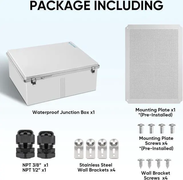 Alt view image 6 of 7 - Waterproof Electrical Junction Box IP67 ABS Plastic Enclosure with Hinged Cover with Mounting Plate, Wall Brackets, Cable Glands (Clear, 13.8"x9.8"x5.9")