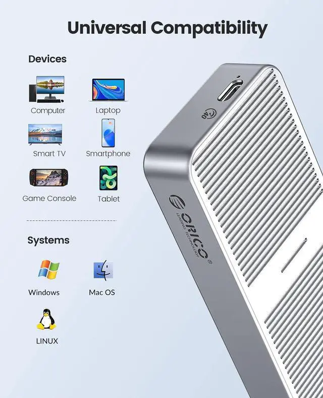 Alt view image 2 of 7 - Upgraded M.2 NVMe SSD Enclosure 40Gbps PCIe3.0x4 USB C Adapter, Aluminum NVMe PCIe 2280 M-Key(B+M Key) External Solid State Drive Case, Support Thunderbolt 3/4 USB3.2/3.1/3.0/Type C-M224-Silver