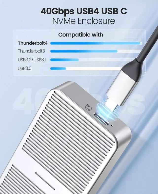 Alt view image 5 of 7 - Upgraded M.2 NVMe SSD Enclosure 40Gbps PCIe3.0x4 USB C Adapter, Aluminum NVMe PCIe 2280 M-Key(B+M Key) External Solid State Drive Case, Support Thunderbolt 3/4 USB3.2/3.1/3.0/Type C-M224-Silver