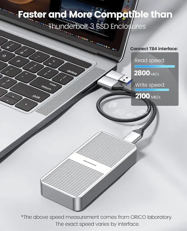 Alt view image 6 of 7 - Upgraded M.2 NVMe SSD Enclosure 40Gbps PCIe3.0x4 USB C Adapter, Aluminum NVMe PCIe 2280 M-Key(B+M Key) External Solid State Drive Case, Support Thunderbolt 3/4 USB3.2/3.1/3.0/Type C-M224-Silver