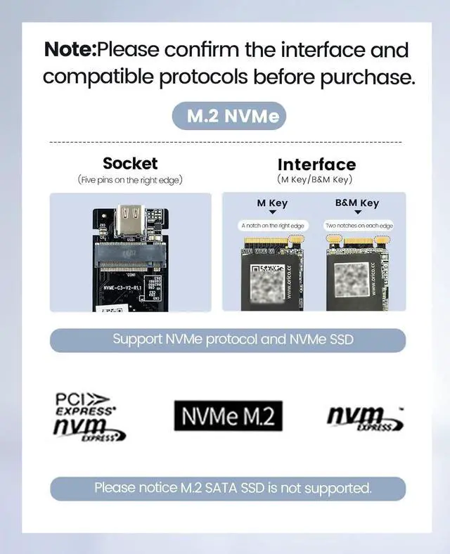Alt view image 7 of 7 - Upgraded M.2 NVMe SSD Enclosure 40Gbps PCIe3.0x4 USB C Adapter, Aluminum NVMe PCIe 2280 M-Key(B+M Key) External Solid State Drive Case, Support Thunderbolt 3/4 USB3.2/3.1/3.0/Type C-M224-Silver