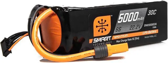 Main image of Smart RC LiPo Battery Pack: 5000mAh 6S 22.2V 30C with IC5 Connector (EC5 Compatible), SPMX50006S30, Black