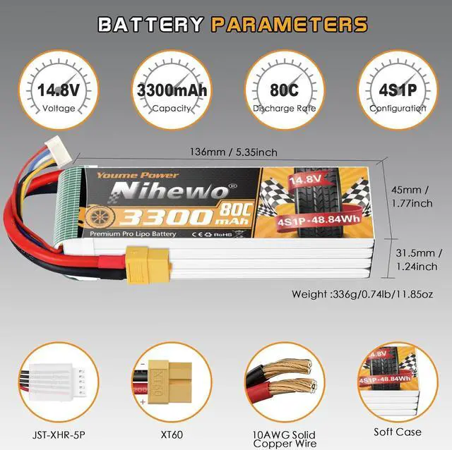 Alt view image 5 of 7 - 2Packs 4S Lipo Battery Pack, 14.8V Lipo Battery 3300mAh 80C XT60 Connector Compatible with Axial E-flite RC Airplane Plane Quadcopter Drone EDF Jet Car Truck Vehicle Boat Models