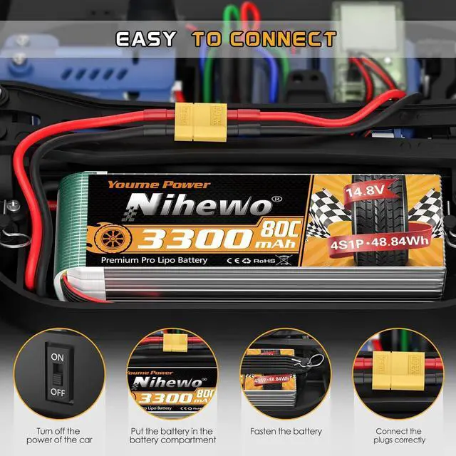 Alt view image 6 of 7 - 2Packs 4S Lipo Battery Pack, 14.8V Lipo Battery 3300mAh 80C XT60 Connector Compatible with Axial E-flite RC Airplane Plane Quadcopter Drone EDF Jet Car Truck Vehicle Boat Models