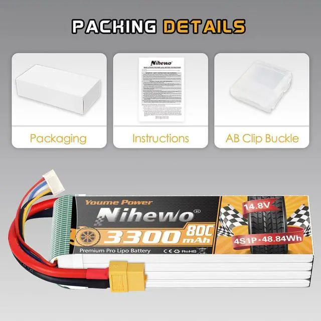 Alt view image 7 of 7 - 2Packs 4S Lipo Battery Pack, 14.8V Lipo Battery 3300mAh 80C XT60 Connector Compatible with Axial E-flite RC Airplane Plane Quadcopter Drone EDF Jet Car Truck Vehicle Boat Models