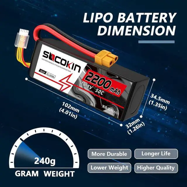 Alt view image 3 of 6 - 4S Lipo Battery 2200mAh 14.8V 50C with XT60 Plug Soft Case RC Battery for 60mm-70mm EDF Jet 1000mm-1500mm Plane RC Car Boat Truck Heli Airplane Quadcopter Multi-Motor DIY Parts(2 Pack)