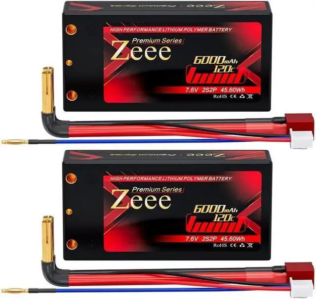 Main image of Premium Series 2S Shorty Lipo Battery 6000mAh 7.6V 120C Hard Case with 4mm Bullet to Deans Connector High Voltage Battery for RC 1/10 Scale Vehicles Car Trucks Boats RC Models (2 Pack)