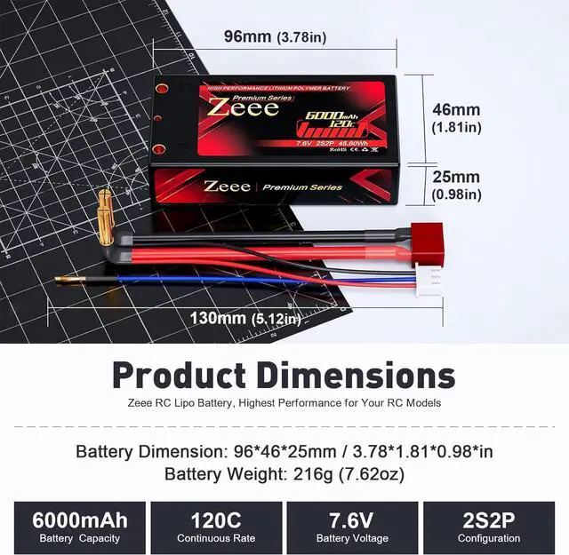 Alt view image 2 of 6 - Premium Series 2S Shorty Lipo Battery 6000mAh 7.6V 120C Hard Case with 4mm Bullet to Deans Connector High Voltage Battery for RC 1/10 Scale Vehicles Car Trucks Boats RC Models (2 Pack)