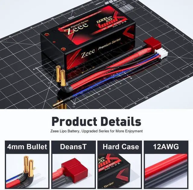 Alt view image 3 of 6 - Premium Series 2S Shorty Lipo Battery 6000mAh 7.6V 120C Hard Case with 4mm Bullet to Deans Connector High Voltage Battery for RC 1/10 Scale Vehicles Car Trucks Boats RC Models (2 Pack)
