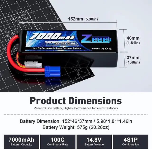 Alt view image 2 of 6 - 4S Lipo Battery 7000mAh 14.8V 100C Soft Case RC Battery with EC5 Connector Compatible for X-Maxx RC Truck Tank RC Car Racing Hobby (2 Pack)