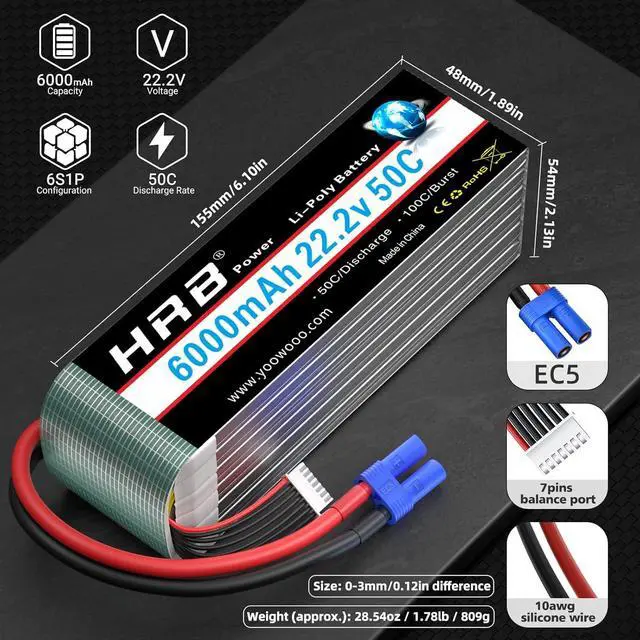 Alt view image 4 of 7 - 6S 6000mAh Lipo Battery with EC5 Plug 50C-100C 22.2V RC Lipo Battery for RC Quadcopter Airplane Helicopter Car Truck