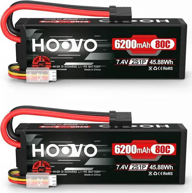Main image of 7.4V 80C 6200mAh 2S Lipo Battery Hard Case with Tracxas Plug for RC Car Truck Truggy Buggy Tank RC Airplane Helicopter Boat Car Racing (2 Pack)