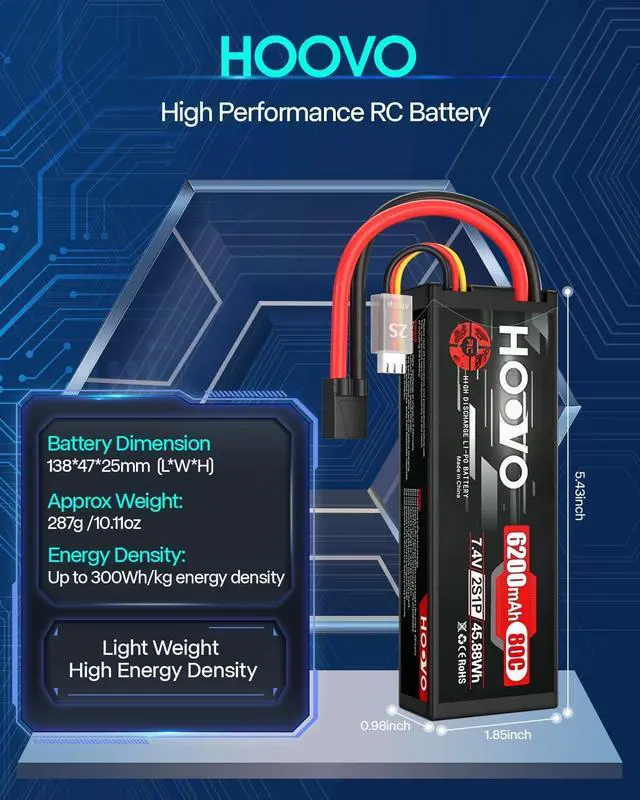 Alt view image 4 of 7 - 7.4V 80C 6200mAh 2S Lipo Battery Hard Case with Tracxas Plug for RC Car Truck Truggy Buggy Tank RC Airplane Helicopter Boat Car Racing (2 Pack)