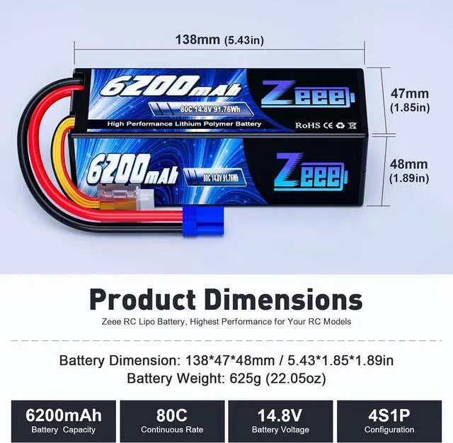 Alt view image 2 of 6 - 4S Lipo Battery 6200mAh 14.8V 80C Hard Case Battery with EC5 Connector for Car Truck Tank RC Buggy Truggy Racing Hobby(2 Packs)
