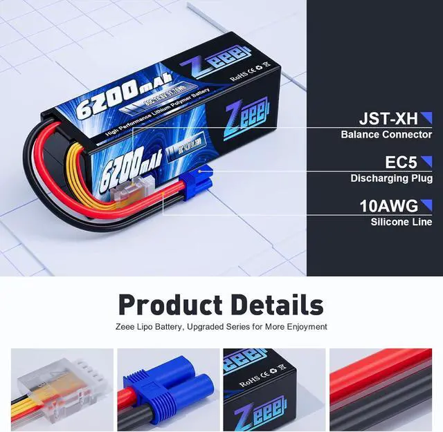 Alt view image 3 of 6 - 4S Lipo Battery 6200mAh 14.8V 80C Hard Case Battery with EC5 Connector for Car Truck Tank RC Buggy Truggy Racing Hobby(2 Packs)