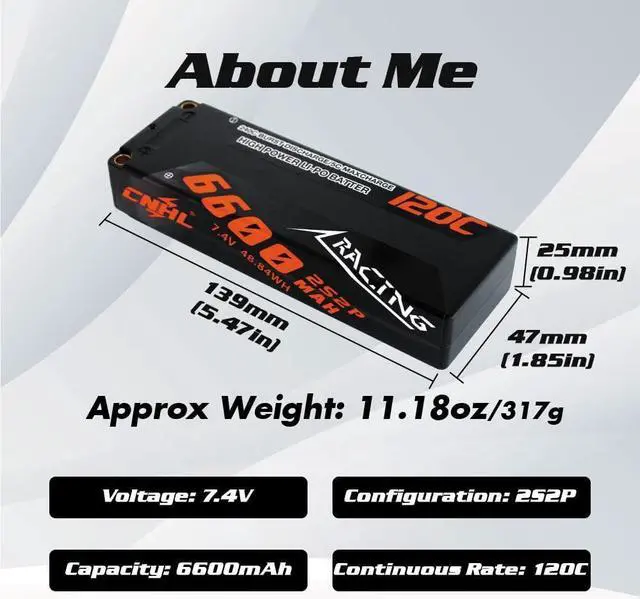 Alt view image 2 of 6 - 2S Lipo Battery 6600mAh 120C 7.4V Lipo Battery Hard Case with 5.0 Bullet Deans Plug for 1/8 1/10 RC Car Truck Boat Vehicles RC Truggy Airplane Quadcopter Racing Hobby(2 Packs)