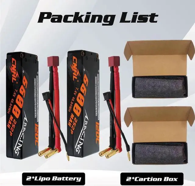 Alt view image 6 of 6 - 2S Lipo Battery 6600mAh 120C 7.4V Lipo Battery Hard Case with 5.0 Bullet Deans Plug for 1/8 1/10 RC Car Truck Boat Vehicles RC Truggy Airplane Quadcopter Racing Hobby(2 Packs)