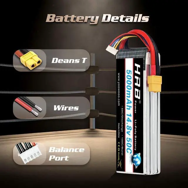 Alt view image 2 of 7 - 4S Lipo Battery 5000mAh 14.8V 50C XT60 RC Lipo Battery Compatible with RC Helicopter Airplane Car Boat Truck