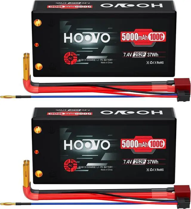 Main image of 2S 7.4V 100C 5000mAh RC Shorty Lipo Battery Hard Case Pack with 4.0mm Bullet Deans Connector for RC 1/10 Scale Vehicles Car Trucks Boat Racing (2 Pack)