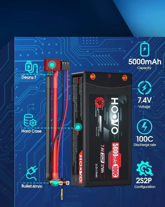 Alt view image 2 of 6 - 2S 7.4V 100C 5000mAh RC Shorty Lipo Battery Hard Case Pack with 4.0mm Bullet Deans Connector for RC 1/10 Scale Vehicles Car Trucks Boat Racing (2 Pack)