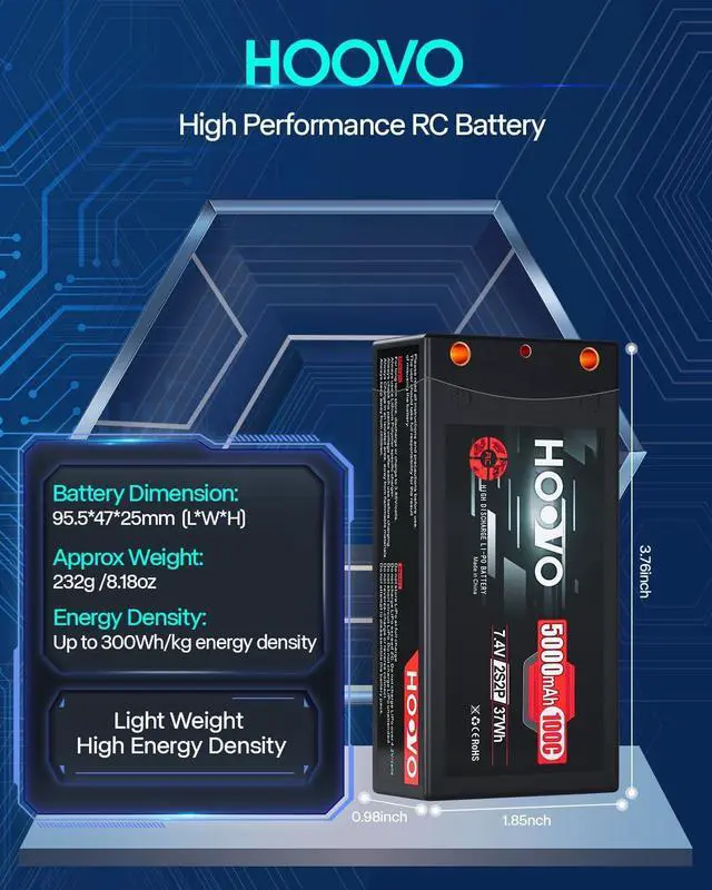 Alt view image 3 of 6 - 2S 7.4V 100C 5000mAh RC Shorty Lipo Battery Hard Case Pack with 4.0mm Bullet Deans Connector for RC 1/10 Scale Vehicles Car Trucks Boat Racing (2 Pack)