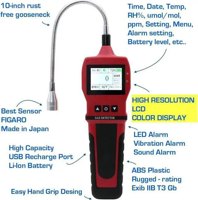 Alt view image 3 of 6 - Leak Detector by Forensics | 0-10,000ppm | Water, Dust & Explosion Proof | Li-Ion Battery | Natural Gas, Propane, Methane & Combustibles | RED Color