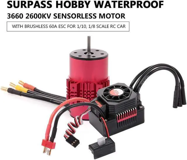 Alt view image 2 of 7 - Surpass Hobby 3660 2600KV Brushless Motor with Heat Sink and 60A ESC with BEC Waterproof for 1/10 1/8 RC Car Truck