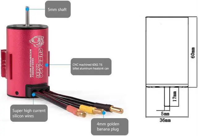 Alt view image 4 of 7 - Surpass Hobby 3660 2600KV Brushless Motor with Heat Sink and 60A ESC with BEC Waterproof for 1/10 1/8 RC Car Truck